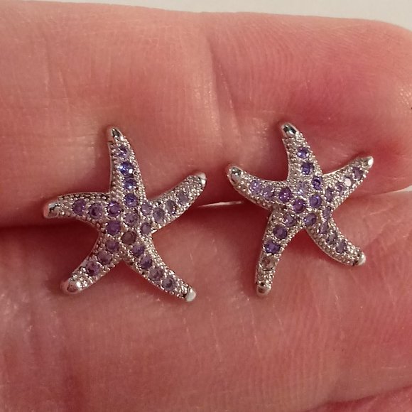 Jewelry - 18K White Gold Filled Starfish Sea Life Purple Diamond Zircon Star Stud Earrings